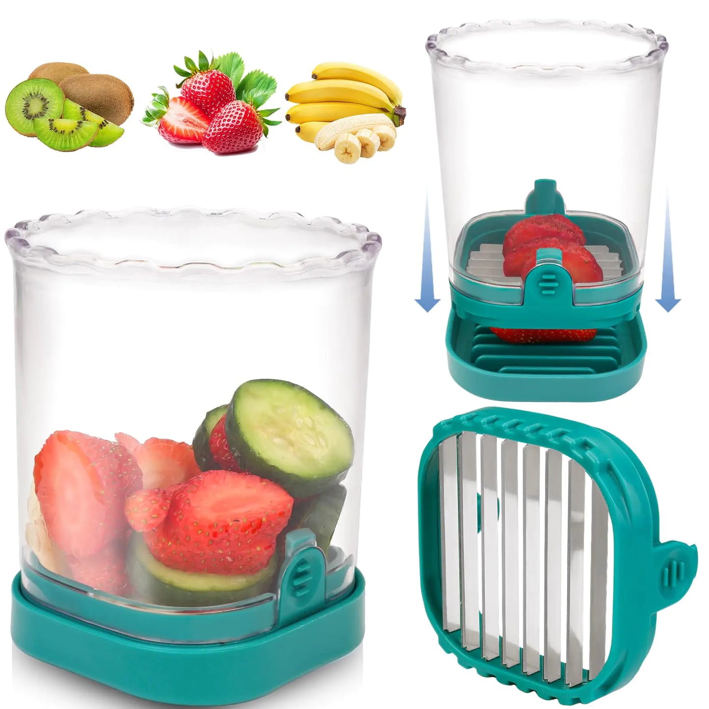 FOWSRHRG Fruit Slicer Cup Kitchen Gadget Strawberry Cutter Banana Slicer Detachable Fruit Cutter Slicer Cup Slicers for Fruits and Vegetables Salad (Dark Blue)